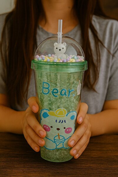 Lexi Bella Cute Colorful Beaded Luck Bear Design Drinking Cup with Straw for Children Water Bottle Green 2093