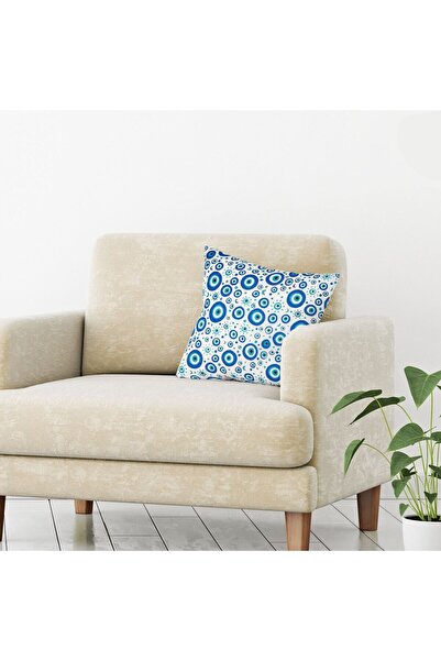 OEM Perna Decorativa de Vara Alba cu Imprimeu Albastru Ochi cu Detalii din Folie Aurie 40x40cm