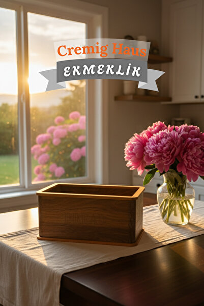 CremigHaus Geleneksel Tasarım Kapaklı Büyük Ekmeklik Dikdörtgen Ahşap Ekmek S...