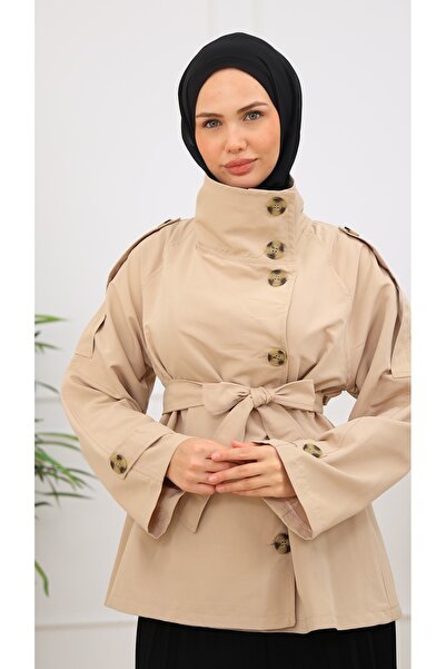 VENT GİYİM Women's Belted Buttoned Short Trench Coat |   High Collar Biker Style Windbreaker Model Trench Coat Jacket