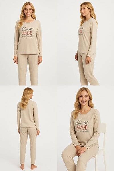 enmodaiçgiyim Σετ γυναικεία πιτζάμα σε ανοιχτό μπεζ ριγέ – Μακρύ μανίκι, Άνετη εφαρμογή, Μαλακό ύφασμα, Ευέλικτο