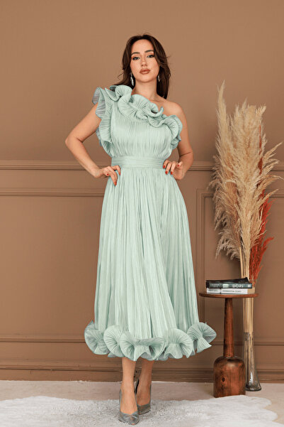 BEYBOS Şifon Kumaş Tek Kol Abiye Elbise - MİNT YEŞİLİ