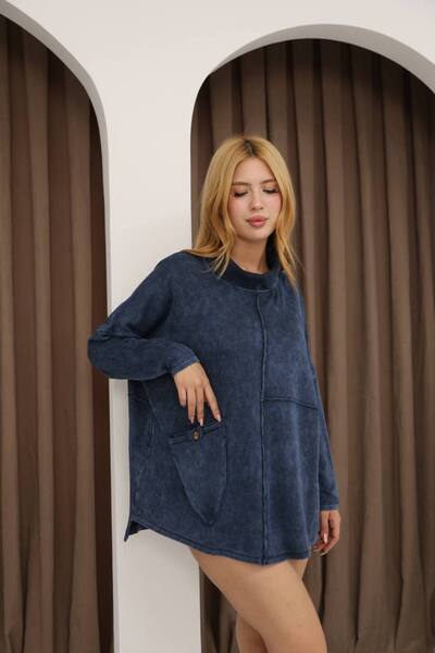 AYASOFYA OTANTIK Kadın Lacivert Yarım Balıkçı Yaka Torba Cepli Eskitme Detay ...