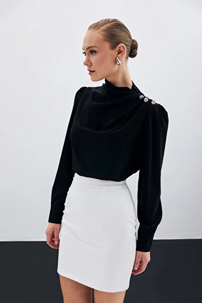 Sateen Μπλούζα με κουμπιά πέτρα με λεπτομέρειες - Μαύρη