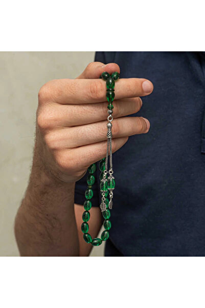 Gumush Silver Tasseled Green Fire Amber Prayer Beads