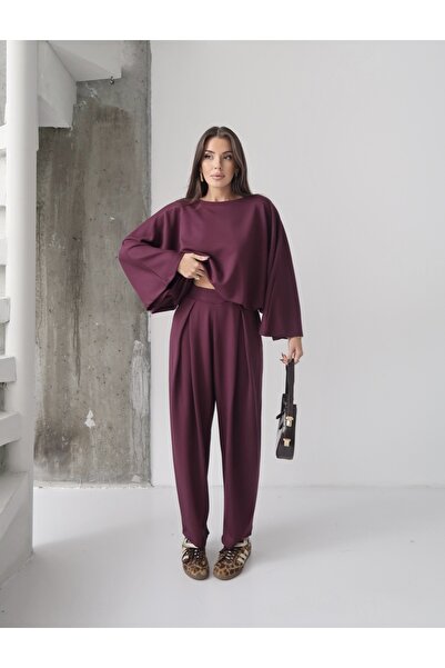 Paw Garage Women's Lyra Modal Batwing Sleeve Blouse- Pleated Baggy Pants Set, Top and Bottom Set