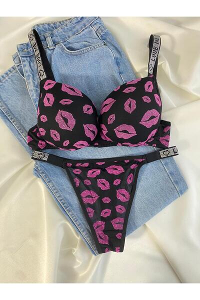 Gold Night Women's Kiss Print Rhinestone Underwire Padded Push up Bra Set Lin...