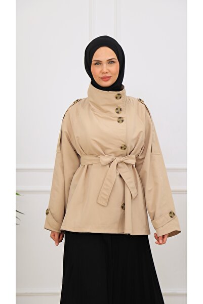 VENT GİYİM Women's Belted Buttoned Short Trench Coat |   High Collar Biker Style Windbreaker Model Trench Coat Jacket