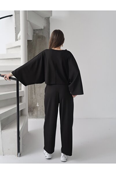 Paw Garage Women's Lyra Modal Batwing Sleeve Blouse- Pleated Baggy Pants Set, Top and Bottom Set