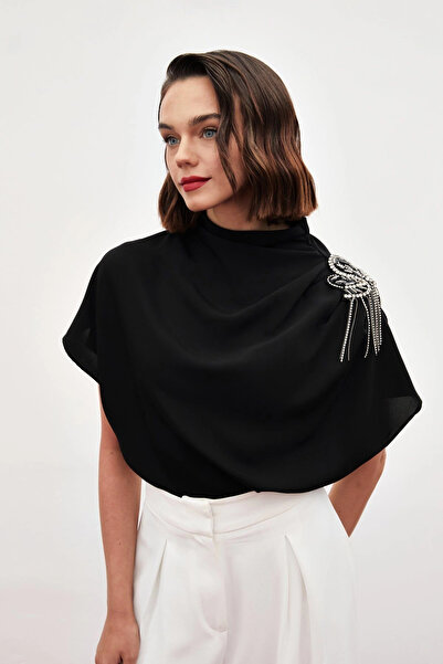 Sateen Bluză lejeră cu un singur umăr - NEGRU