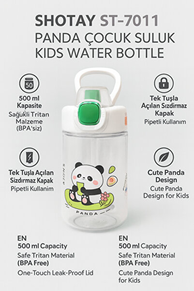 ORVO Tritan Çocuk Pipetli Suluk – 500 ml, Kilitli Kapaklı, Askılı, Panda Dese...