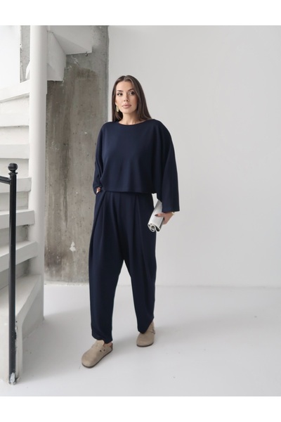 Paw Garage Women's Lyra Modal Batwing Sleeve Blouse- Pleated Baggy Pants Set, Top and Bottom Set