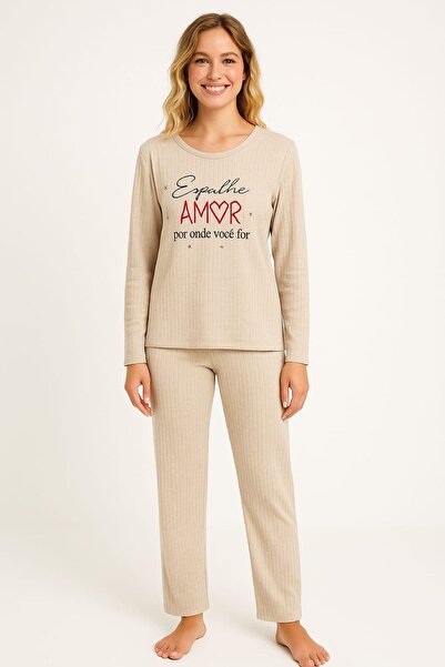 enmodaiçgiyim Light Beige Striped Women's Pajama Set – Long Sleeve, Comfortable Fit, Soft Fabric, Stretchy