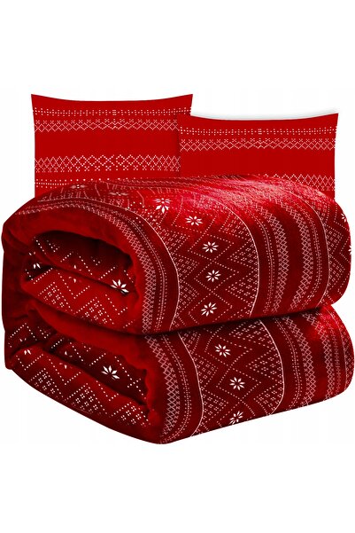 zola Thick blanket and 2 pillowcases set, size 160 x 200 cm/ 40 x 40 cm, red with white inserts