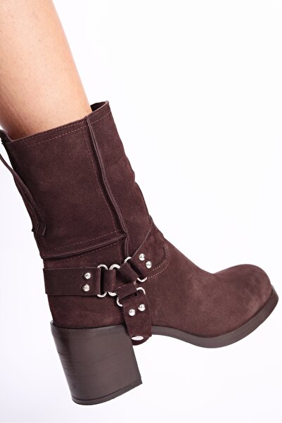 Mariolucci Kadın Topuklu Bot (Çıkarılabilir Tokalı) Hakiki Deri Bitter Kahvesi