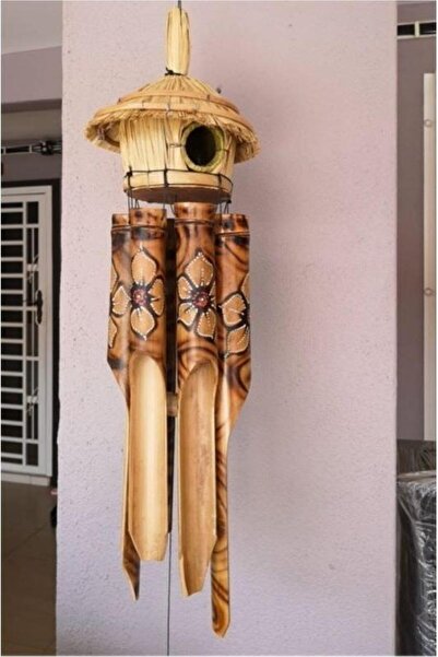 e-life shop Otantik Hasır Kuş Yuvalı El Yapımı Doğal Bambu Çiçek Desenli Rüzg...