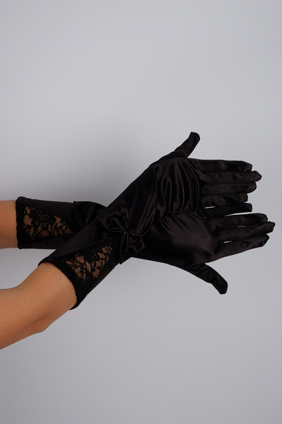 Genel Markalar Siyah Saten Dantel Detaylı Kısa Abiye Eldiven Parti Aksesuarı
