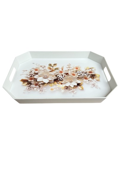 EZMK EV GEREÇLERİ Tea Coffee Presentation Tray, White Color, 8 Corners, 1 Piece, 37X27 cm