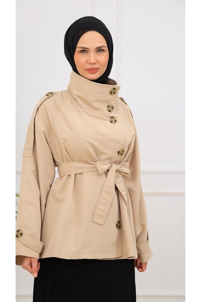 VENT GİYİM Women's Belted Buttoned Short Trench Coat |   High Collar Biker Style Windbreaker Model Trench Coat Jacket