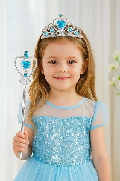 EMKSHOP Elsa Prenses Tacı Ve Asa Seti Karlar Ülkesi Temalı Kalpli Model Kız Çocuk Kostüm Aksesuarı