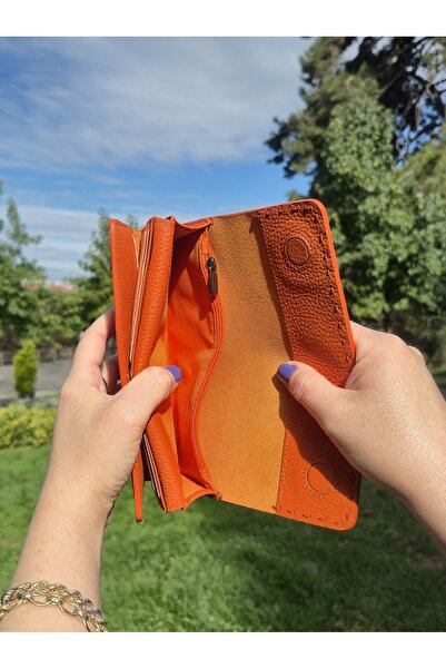 Norvi Leather Saraciye Stitched Genuine Leather Wallet with Phone Compartment Orange 1052