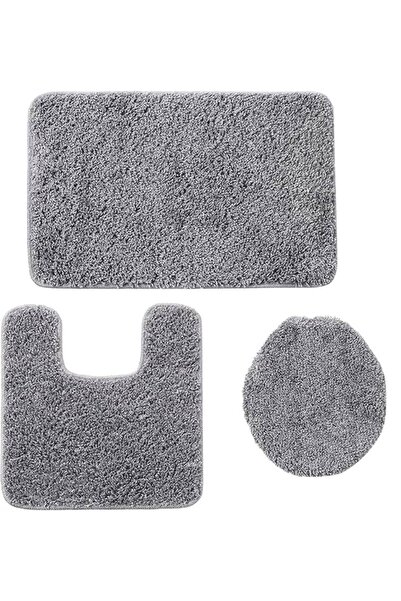 zola Bathroom carpet set, 3 pieces, fluffy, non-slip, absorbent fibres, light grey, 80x50 cm