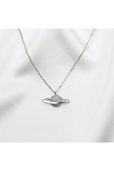 Zemtigo Kutulu Renk Değiştiren Led Işıklı Cam Satürn Kız Küre Ay Lamba Kristal Zirkon Gümüş Satürn Kolye