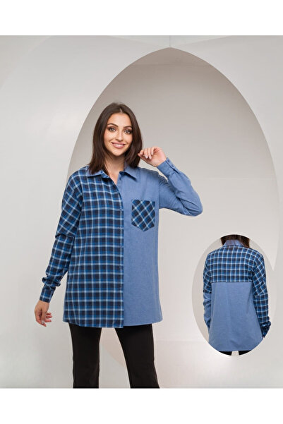 FARREN Women's Blue Flannel Textured Oversized Cotton Long Sleeve Shirt – Comfortable Fit That Covers the Body