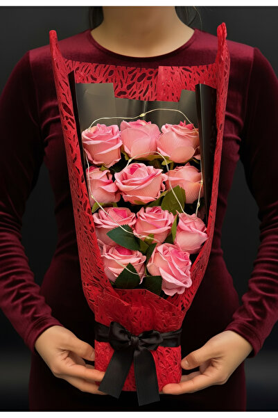 lenostra Işıklı Çiçek Buketi - Pembe Gül Buketi Işıklı - Sevgiliye Hediye - Anneye Hediye - Ablaya Hediye