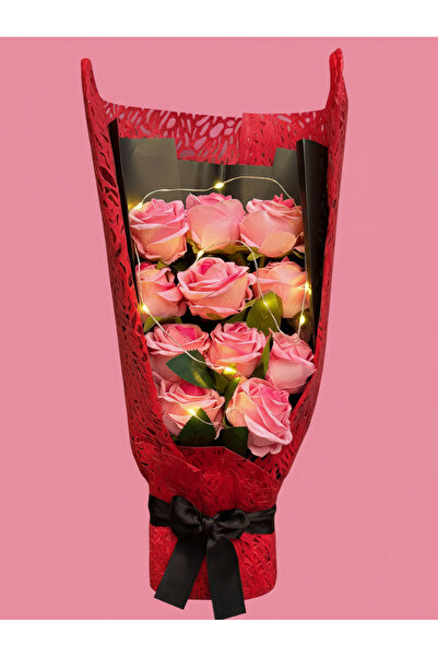 lenostra Işıklı Çiçek Buketi - Pembe Gül Buketi Işıklı - Sevgiliye Hediye - Anneye Hediye - Ablaya Hediye