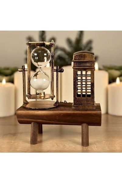 hediyesahibi Retro Ahşap Kum Saati ve Telefon Kulübesi Tasarımlı Masaüstü Dekor