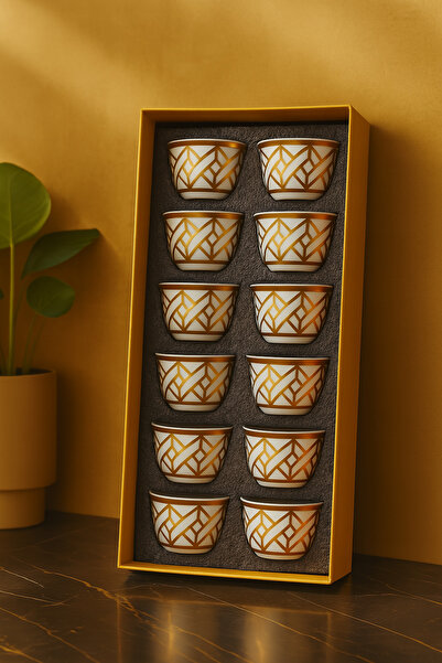 ALSAIF KITCHEN Golden Elegance Ceramic Cup Set – 12-Piece White & Gold Geometric Design | Premium Gift Box