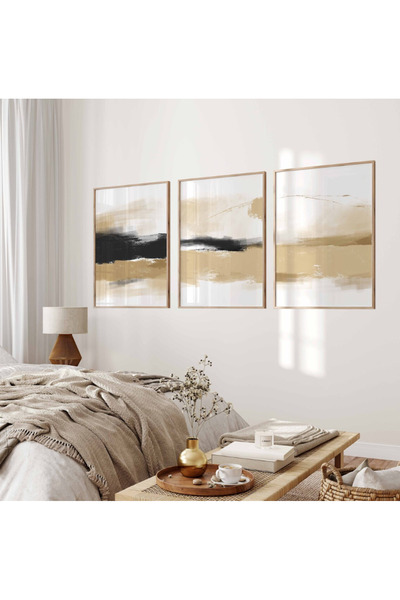 PAM STUDIO Bej Siyah Altın Renk Soyut 3’lü Poster Seti - Modern Minimal Duvar...