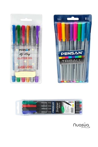 Pensan 3-Piece Stationery Pen Set (8-Piece Ballpoint Pens, 6-Piece Glitter Ge...