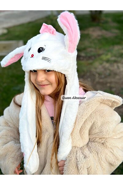 QUEEN AKSESUAR Moving Ear Rabbit Plush Furry Hat with Pump Soft Fun White