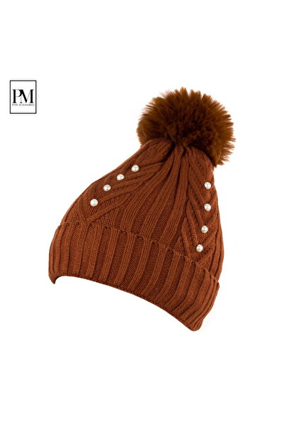 Intisimo Căciulă de iarnă tricotată, pentru femei, căptușită, cu pompom, maro
