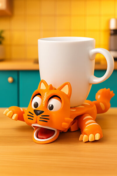 3D Hayvan Figürlü Hareketli Bardak Altlığı | Ayakları ve Ağzı Açılan Komik Kedi Tasarımı 20x10 cm