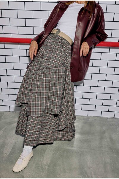 HEQA Plaid Bohemian Skirt Burgundy