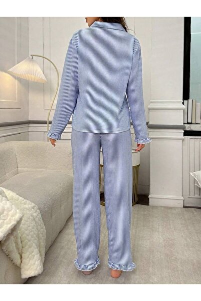 MEYLİYA Women's Buttoned Long Sleeve Blue Stripe Pajama Set