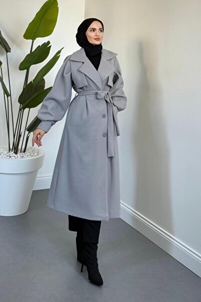 MERVEN AKYÜZ Areson Cepkenli Astarlı Kaban Gri