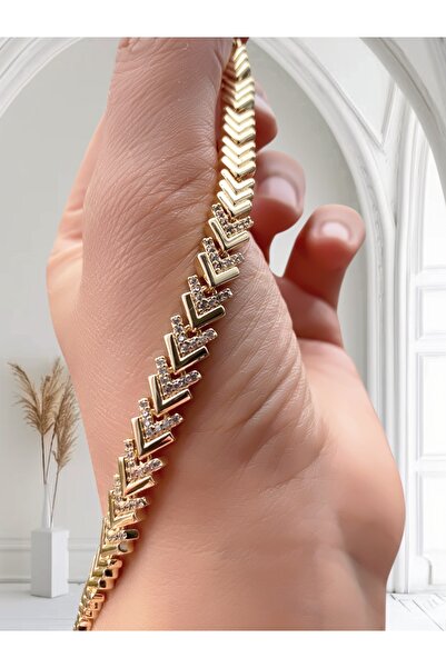 VEGALUXE Çelik Balık Sırtı Bileklik Zirkon Taşlı Gold Renk Kararmaz.