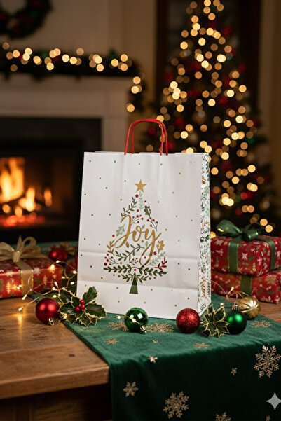OLİ Art Yılbaşı Temalı Baskılı Hediye Poşeti 6 Adet - Beyaz İnce Kraft Çanta, Hediyelik ve Noel Paketi İçin