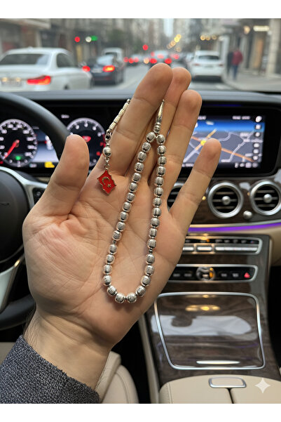 A-STİL TAKI Men's Globe Cut Turkish Flag Single Tassel Pure Silver Plated Prayer Beads