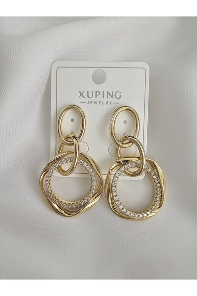 Zivazer Store Kadın çelik kararmaz xuping 14k gold renginde taşlı modern küpe