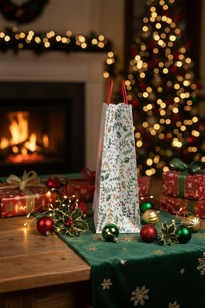 OLİ Art Yılbaşı Temalı Baskılı Hediye Poşeti 6 Adet - Beyaz İnce Kraft Çanta, Hediyelik ve Noel Paketi İçin