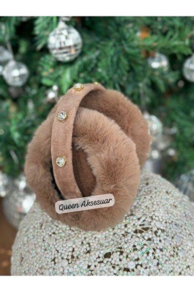 QUEEN AKSESUAR Luxury Flower Stone Brooch Furry Plush Foldable Earmuff Protective Snow Ear Muff Brown