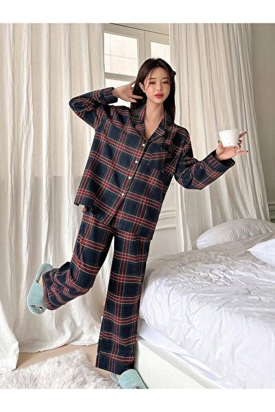 MEYLİYA Women's Long Sleeve Checkered Buttoned Pajama Set Zeuss