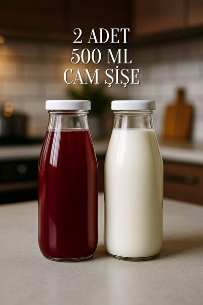 Rotanev 2 Adet Plastik Beyaz Kapaklı 500 ml Sürahi Süt, Ayran, Su, Limonata Meşrubat Şişesi Cam Şişe 500cc