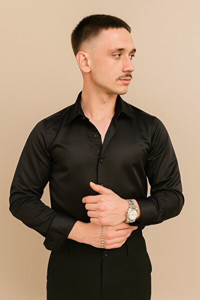 Zikuv Slim Fit Uzun Kollu Kolay Ütü Teri Emen Nefes Alan Doku Kravatlık Dört Mevsim Siyah Erkek Gömlek