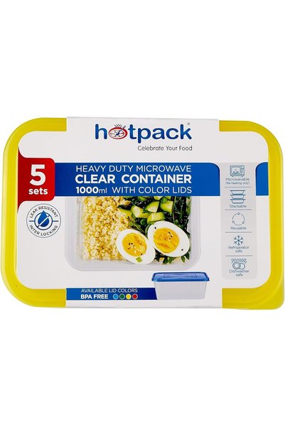 Hotpack Heavy Duty Clear Microwave Container 1000ml with Multicolour Lids, 5 ...